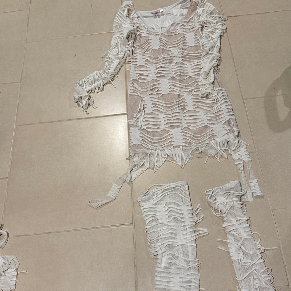White and Tan bandaged sexy Mummy with matching thigh high leggings costume